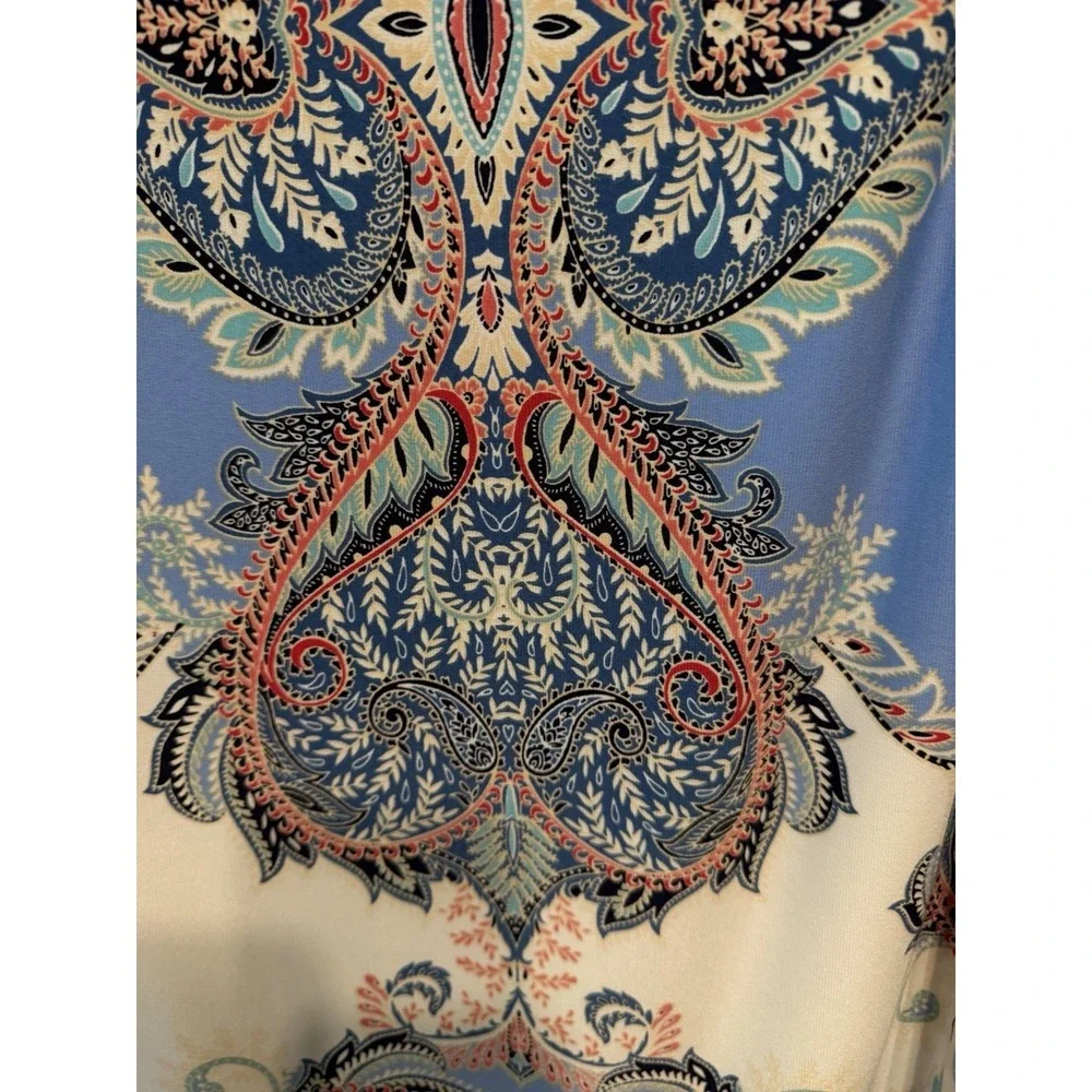 Roz & Ali Dress Sz 22 Blue Paisley Cold Shoulder Shift Dress3/4 Sleeve Stretch - Picture 5 of 5